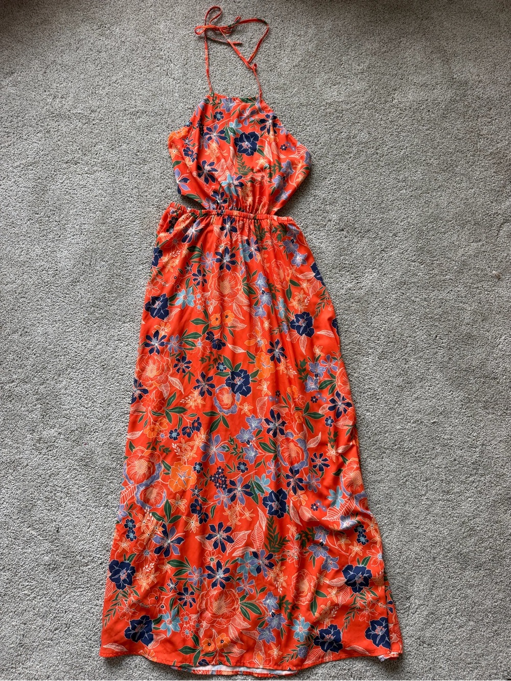 Womens Peach Love California Orange Floral Halter Maxi Dress- Size Large